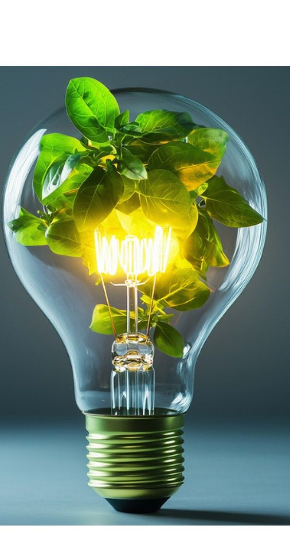 Foco encendido con planta, sostenibilidad
